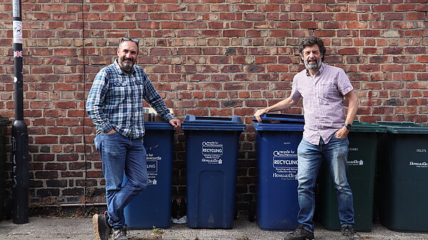 Stop the Burn Mike Cookson and Gareth Kane by recycling bins