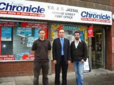 Cllr Stephen Psallidas along with Cllrs Kane and Cooper outside a Post Office in their ward threatened with closure